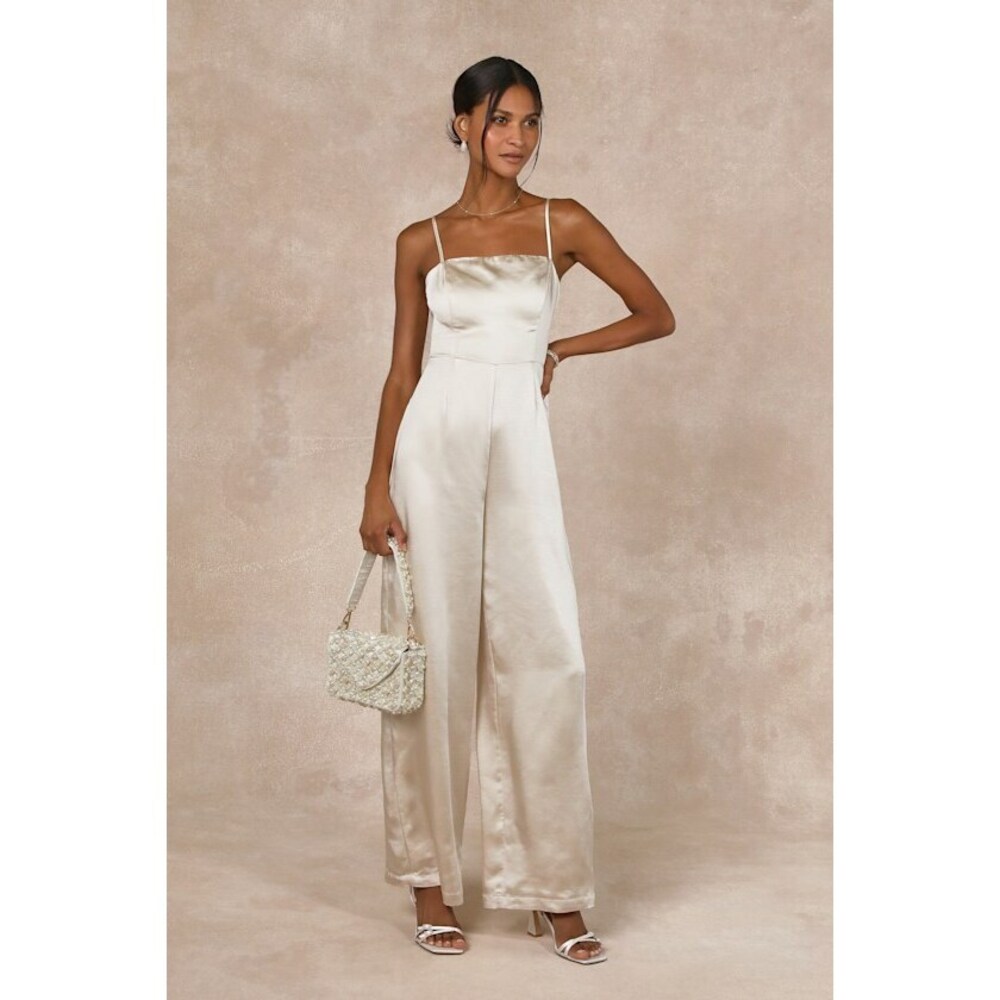Lulus Stylish Brilliance Champagne Satin Sleeveless Wide-leg Jumpsuit White